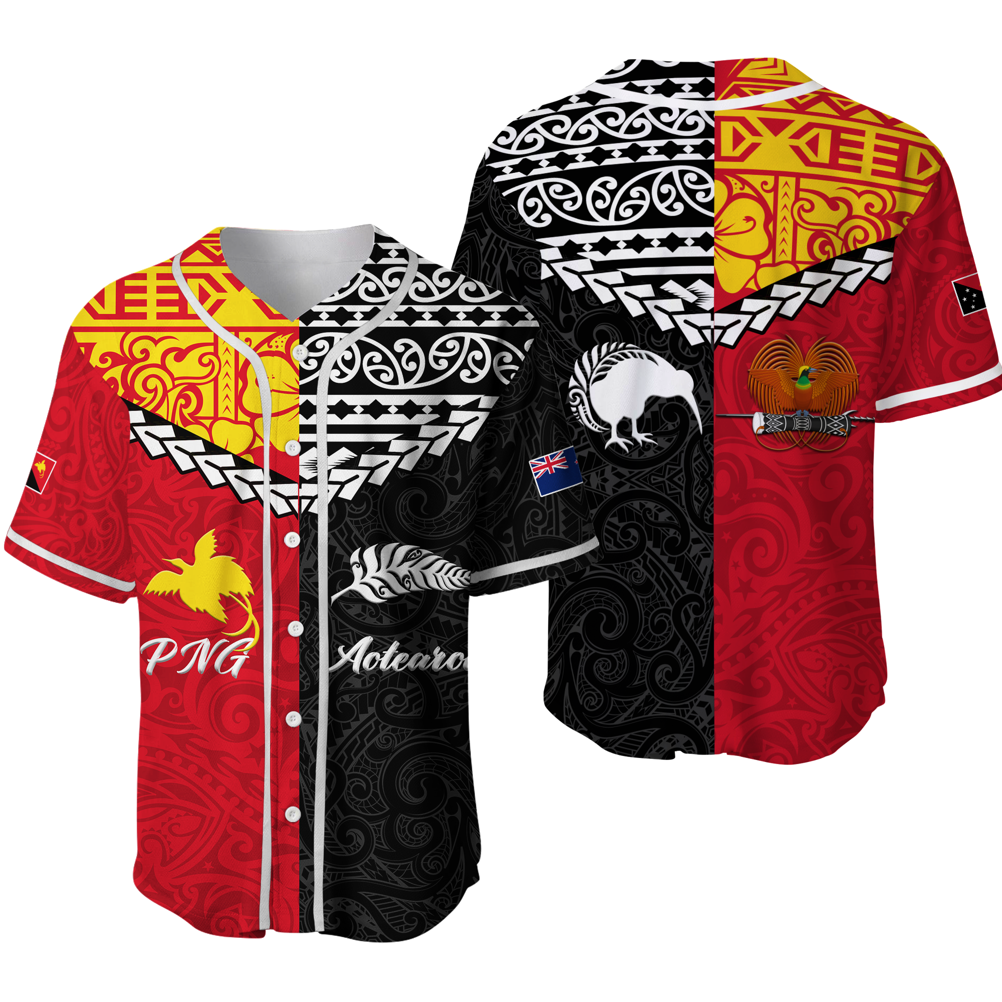 Papua New Guinea Combine New Zealand Maori Aotearoa Heritage Baseball Jersey - LT12 Red - Polynesian Pride