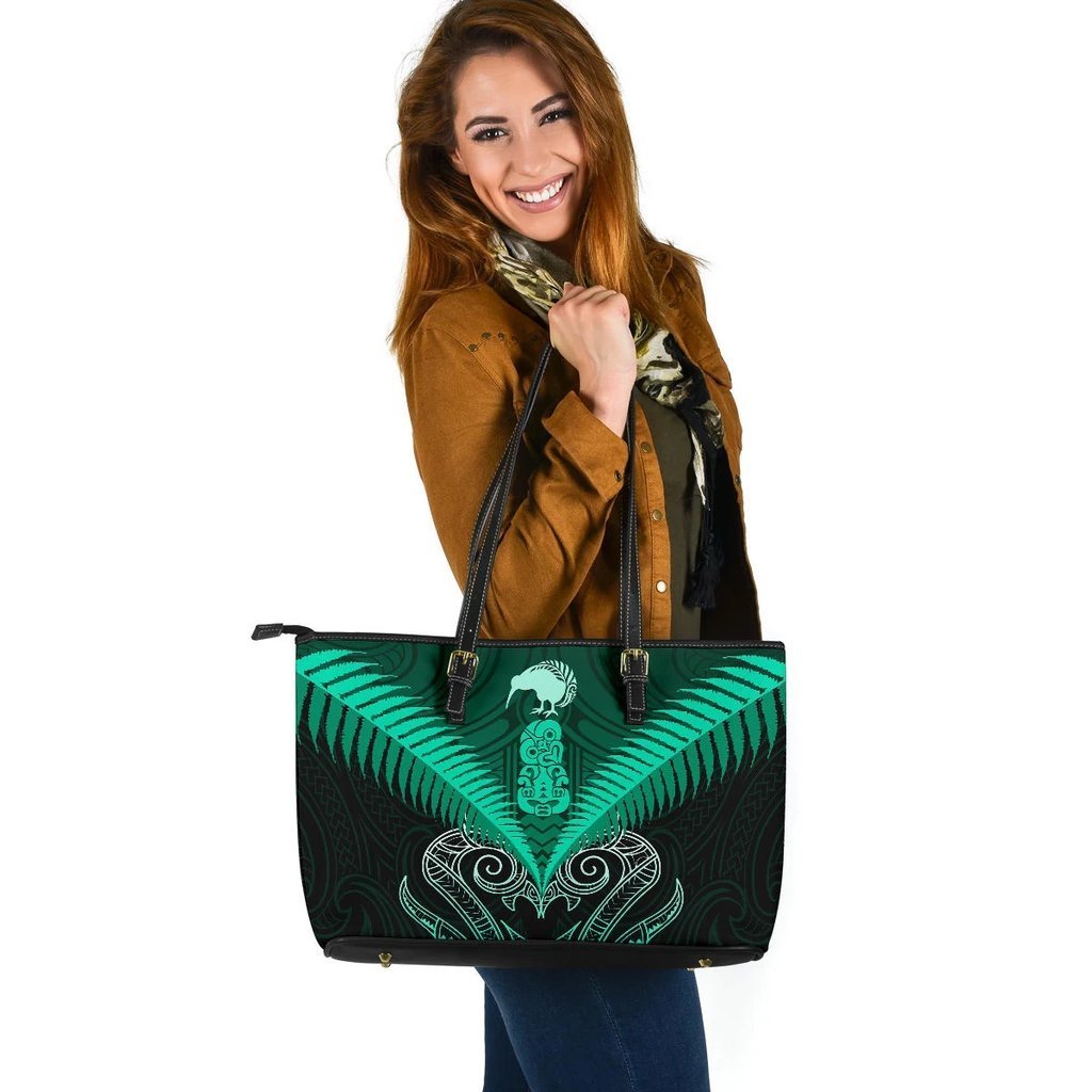 Maori Manaia New Zealand Large Leather Tote Turquoise Turquoise - Polynesian Pride