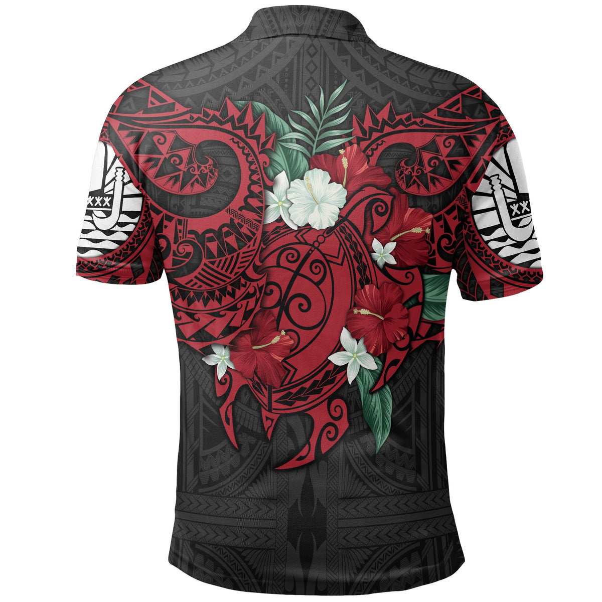 Tahiti Polynesian Polo Shirt Hibiscus and Sea Turtle (Red) - Polynesian Pride