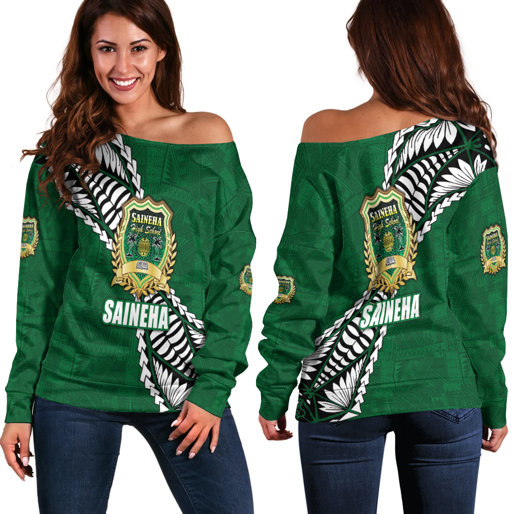 Tonga Saineha High School Tongan Patterns Women Off Shoulder Sweater - LT12 Women Off Shoulder Sweater Green - Polynesian Pride