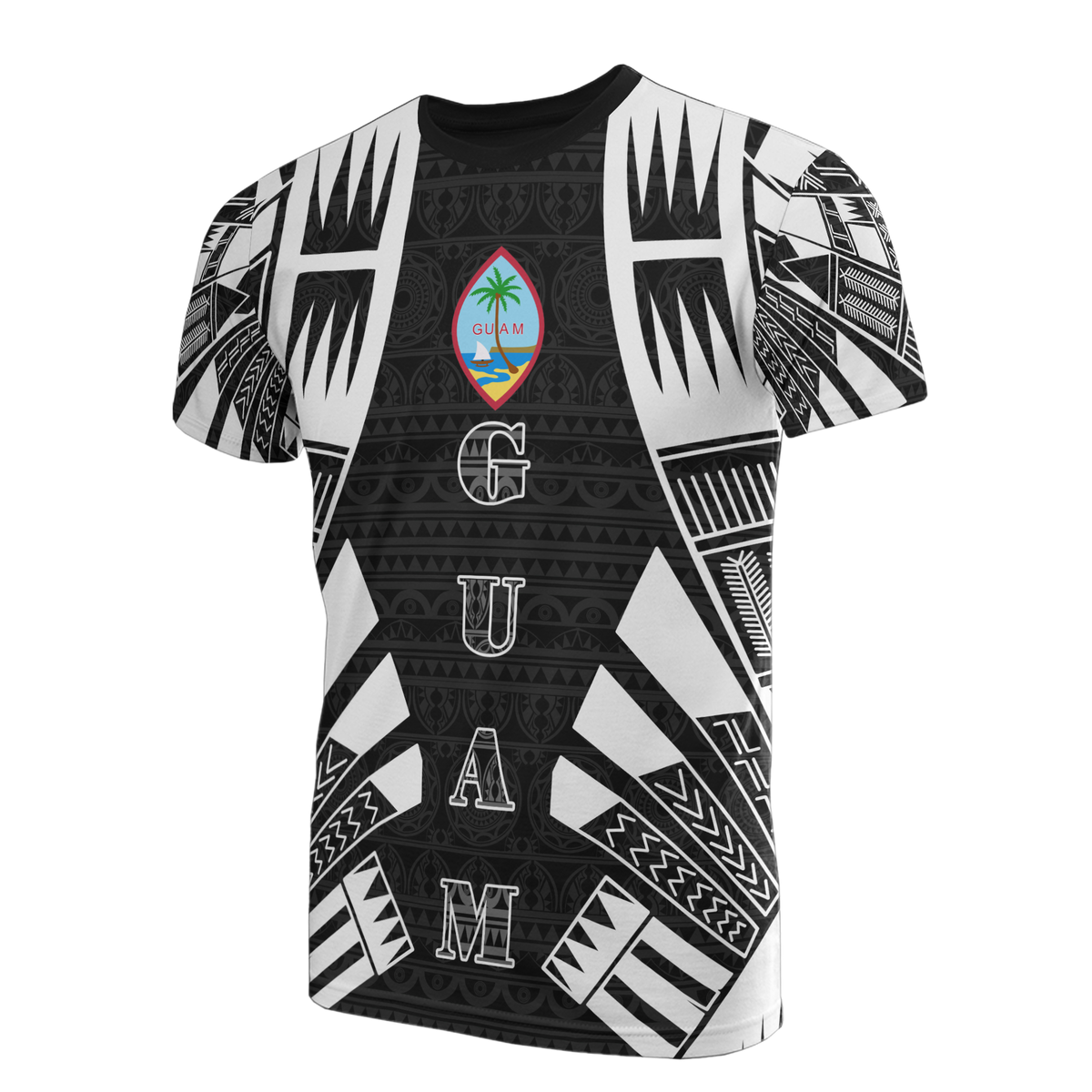Guam T Shirt Guam Coat of Arms Polynesian Tattoo Style Unisex Black - Polynesian Pride