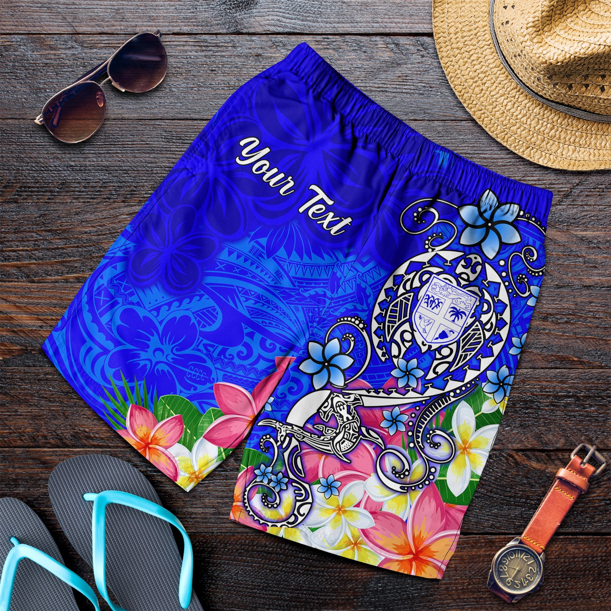 Fiji Custom Personalised Men's Shorts - Turtle Plumeria (Blue) Blue - Polynesian Pride