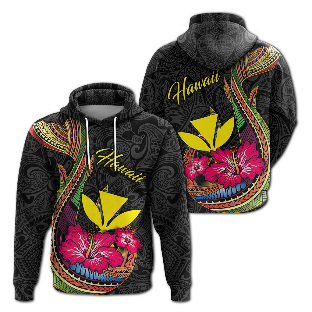 Hawaii Polynesian Fish Hook Hibiscus Hoodie LT12 Hoodie Black - Polynesian Pride