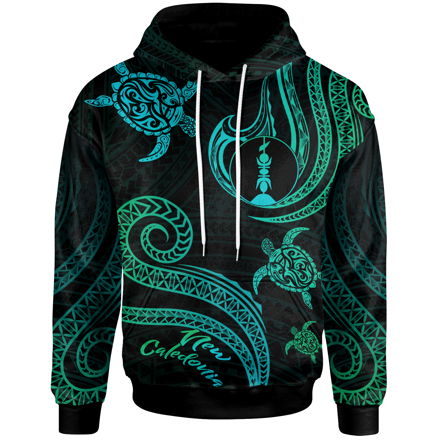 New Caledonia Hoodie Polynesian Turtle With Pattern Unisex Blue Green - Polynesian Pride