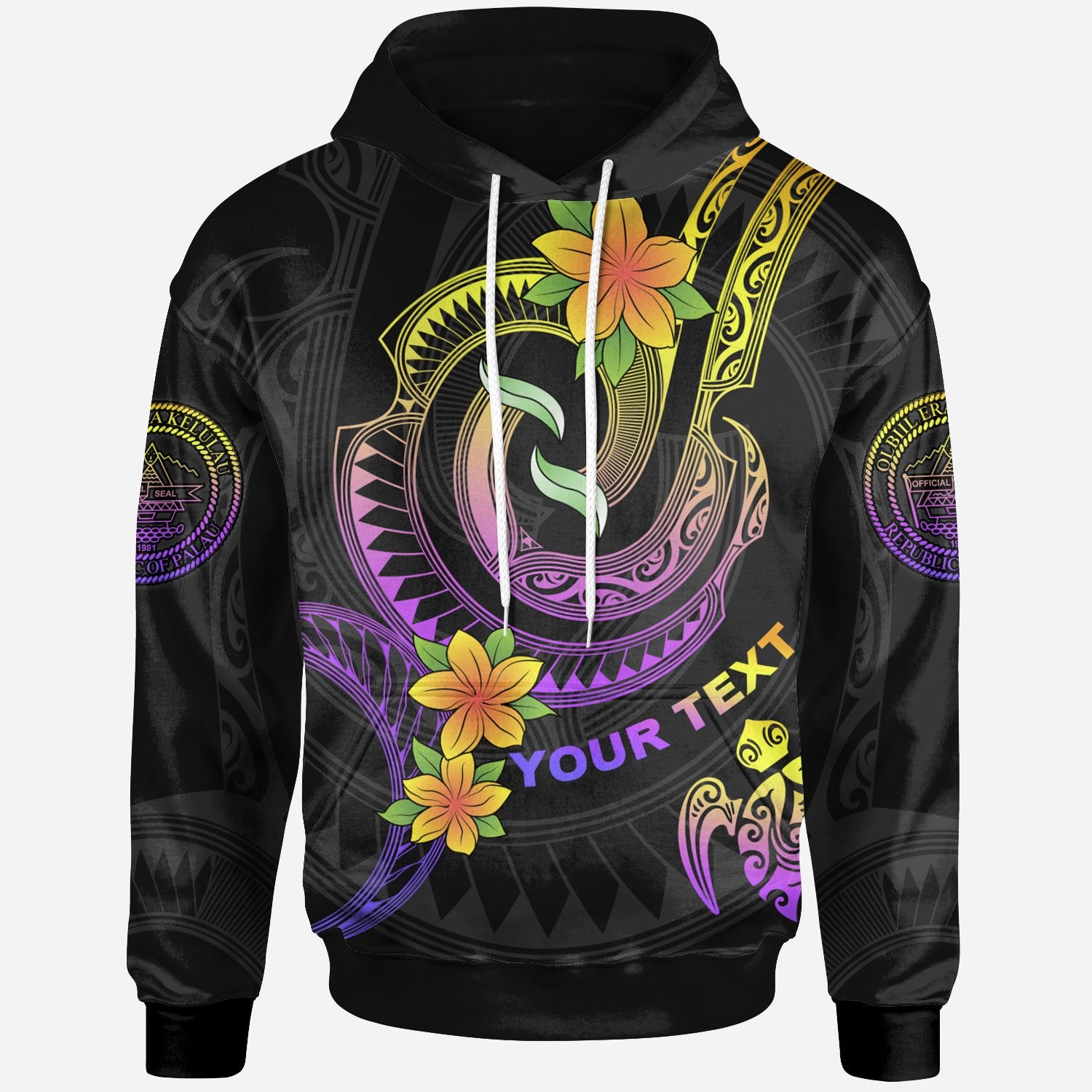 Palau Custom Hoodie Plumeria Flowers with Spiral Patterns Unisex Black - Polynesian Pride