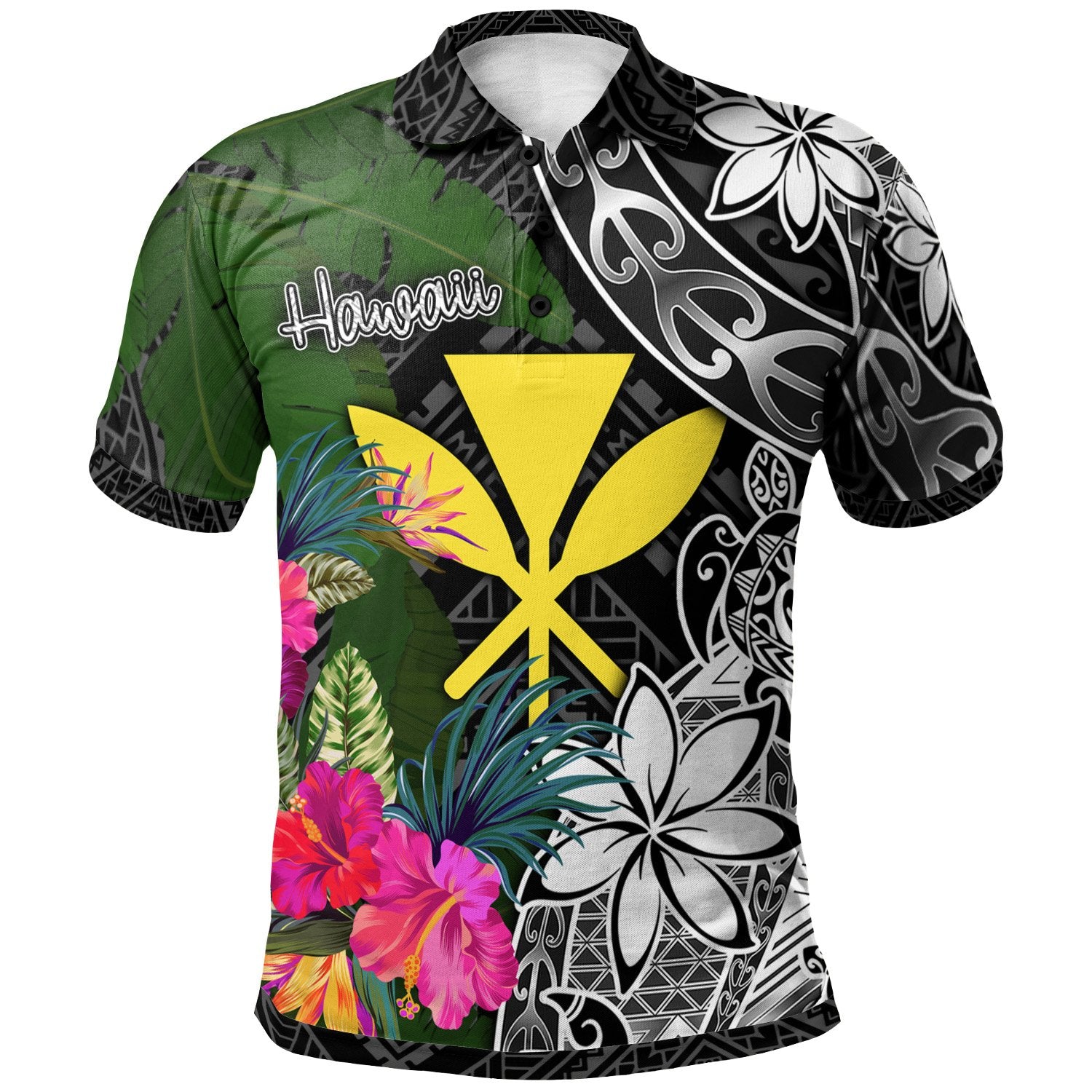 Hawaii Polo Shirt Turtle Plumeria Banana Leaf Unisex Black - Polynesian Pride