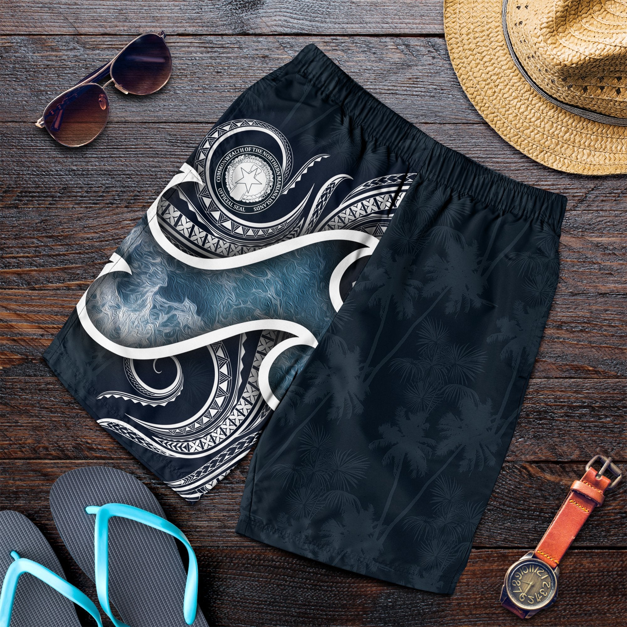 Northern Mariana Islands Polynesian Men's Shorts - Ocean Style Blue - Polynesian Pride