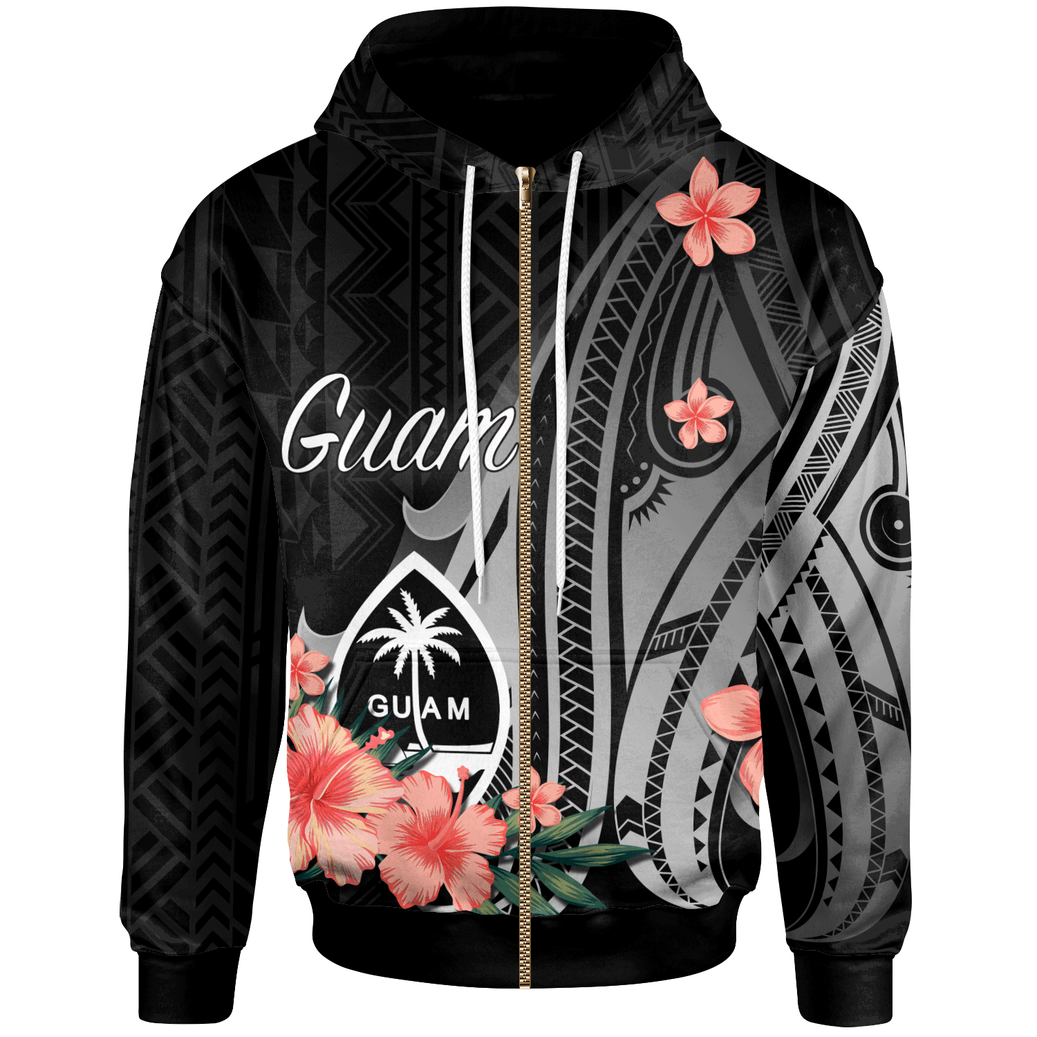 Guam Zip Hoodie Polynesian Hibiscus Pattern Style Unisex Black - Polynesian Pride