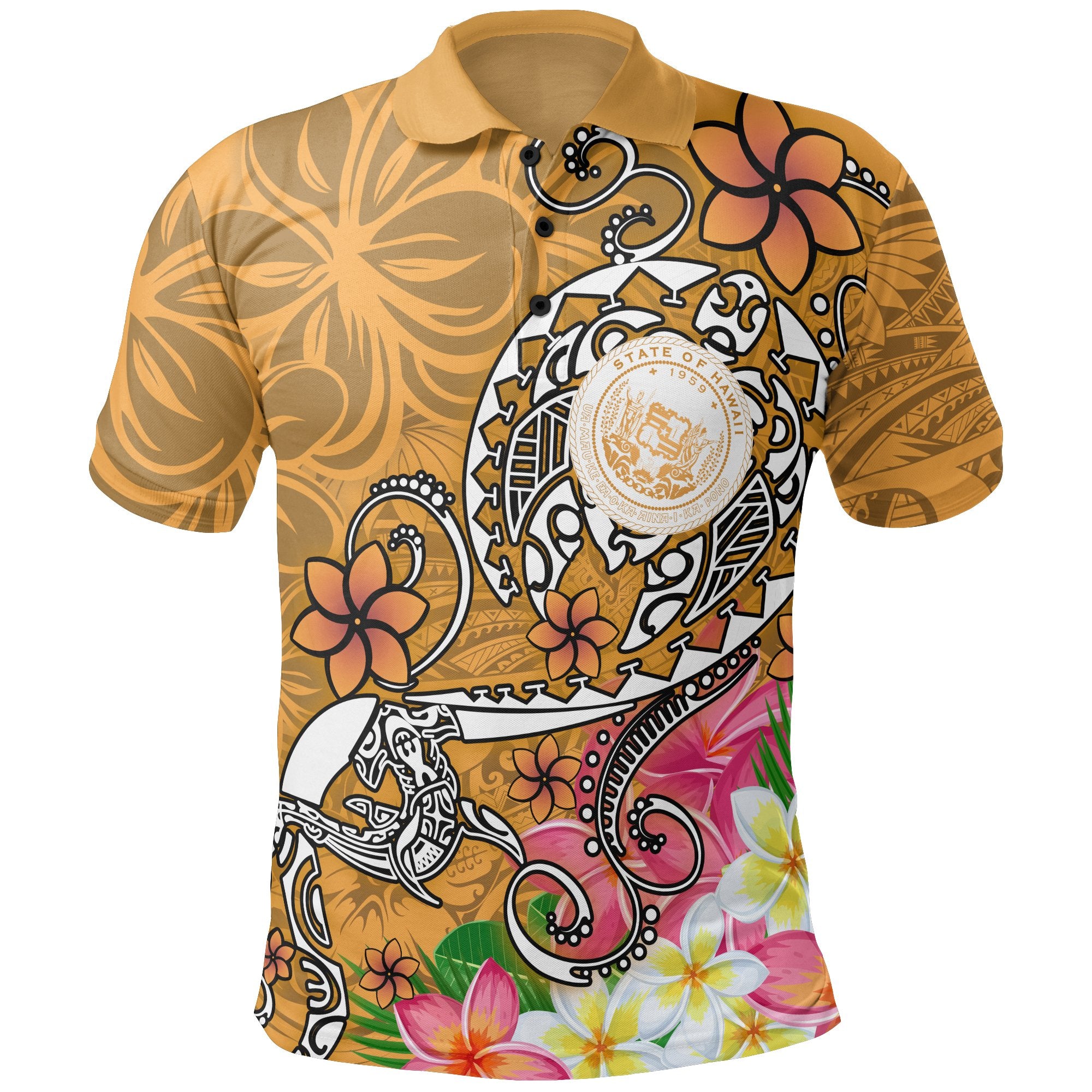 Hawaii Polynesian Polo Shirt Hawaii Seal With Turtle Plumeria (Gold) Unisex Gold - Polynesian Pride