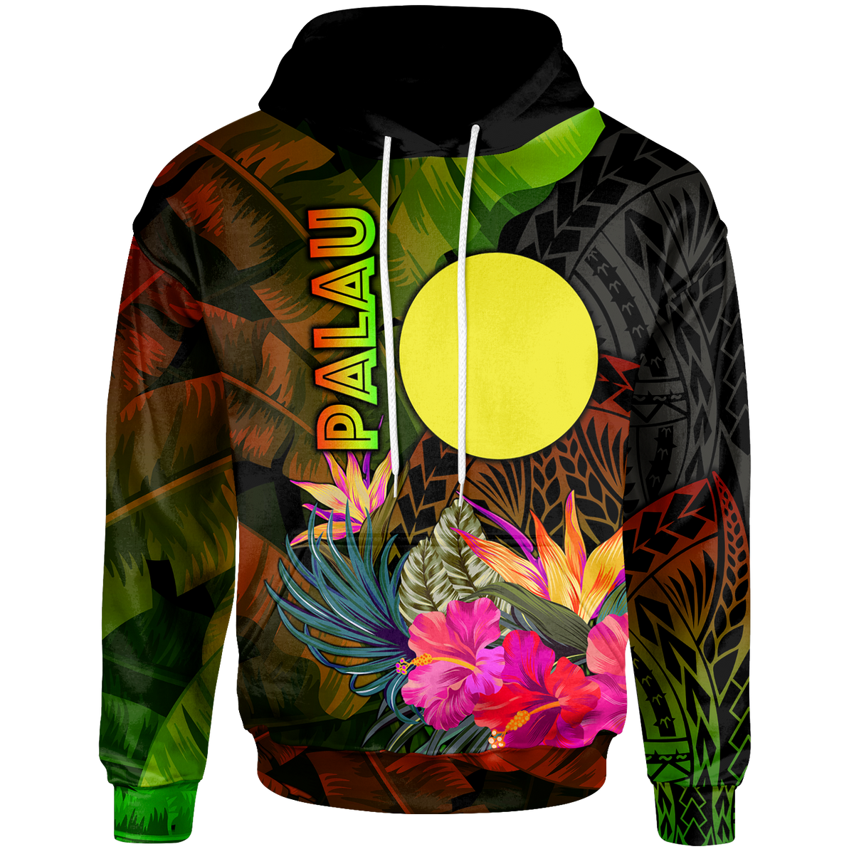 Palau Polynesian Hoodie Hibiscus and Banana Leaves Unisex Reggae - Polynesian Pride