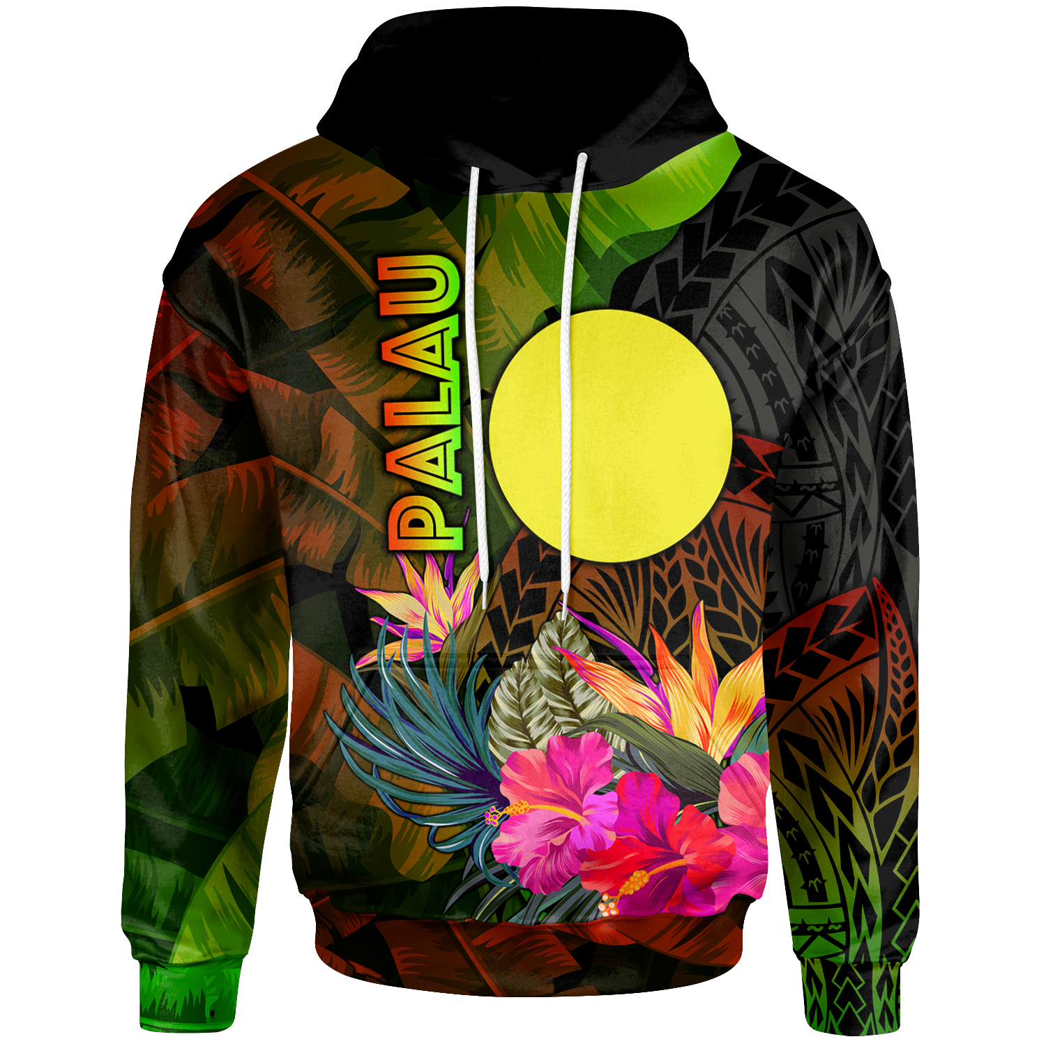 Palau Polynesian Hoodie Hibiscus and Banana Leaves Unisex Reggae - Polynesian Pride