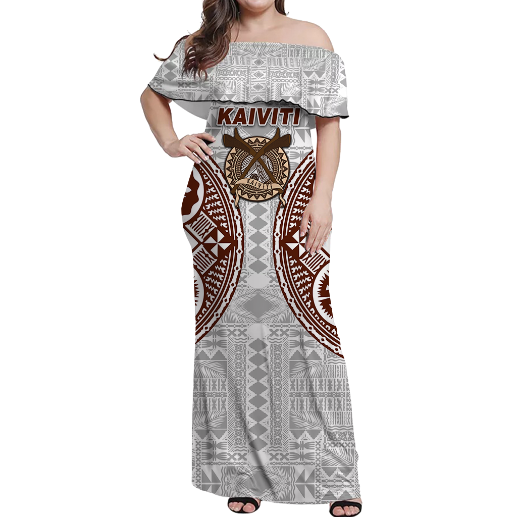 Fiji Kaiviti Tapa Pattern Women Off Shoulder Dress - LT12 Long Dress White - Polynesian Pride