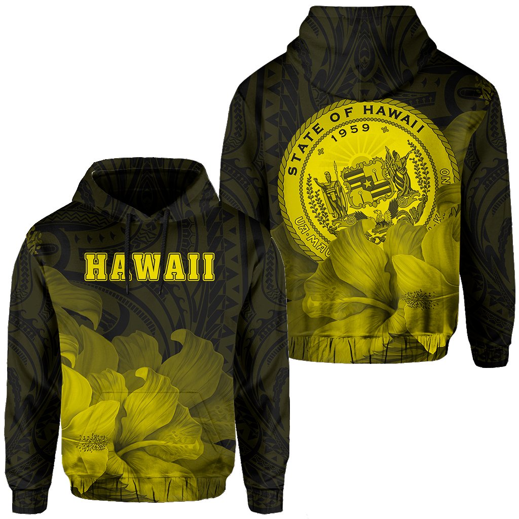 Tropic Hibiscus Seal of Hawaii Hoodie Yellow Unisex Yellow - Polynesian Pride