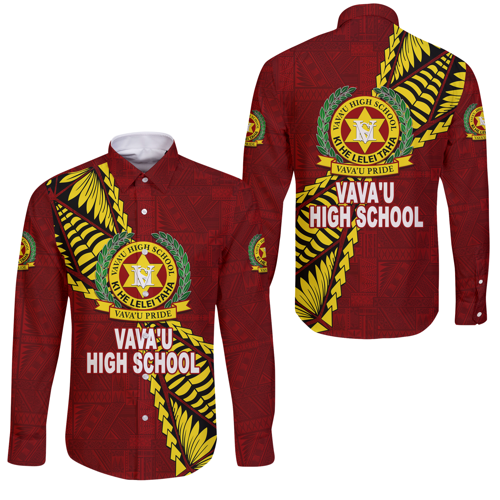 Tonga Vava'u High School Tongan Patterns Long Sleeve Button Shirt - LT12 Unisex Red - Polynesian Pride
