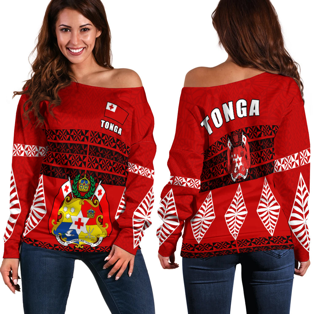 Tonga Off Shoulder Sweater - Tongan Pattern LT13 Red - Polynesian Pride