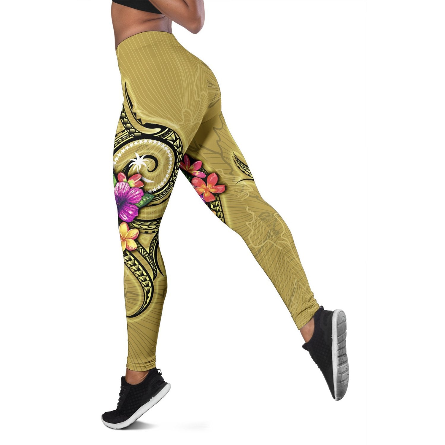 Chuuk Micronesia Legging - Floral With Seal Gold Yellow - Polynesian Pride