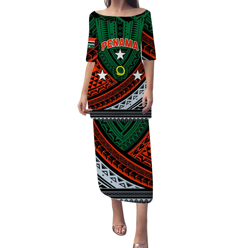 (Custom Personalised) Vanuatu Penama Province Tribal Pattern Puletasi Dress - LT12 Long Dress Green - Polynesian Pride