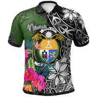 Nauru Polo Shirt Turtle Plumeria Banana Leaf Crest Unisex Black - Polynesian Pride