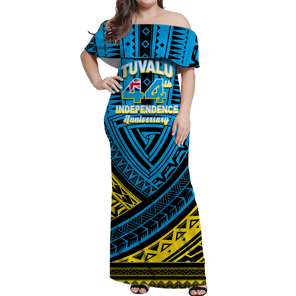 Tuvalu Off Shoulder Long Dress 44th Independence Anniversary - Tribal Pattern - LT12 Long Dress Blue - Polynesian Pride