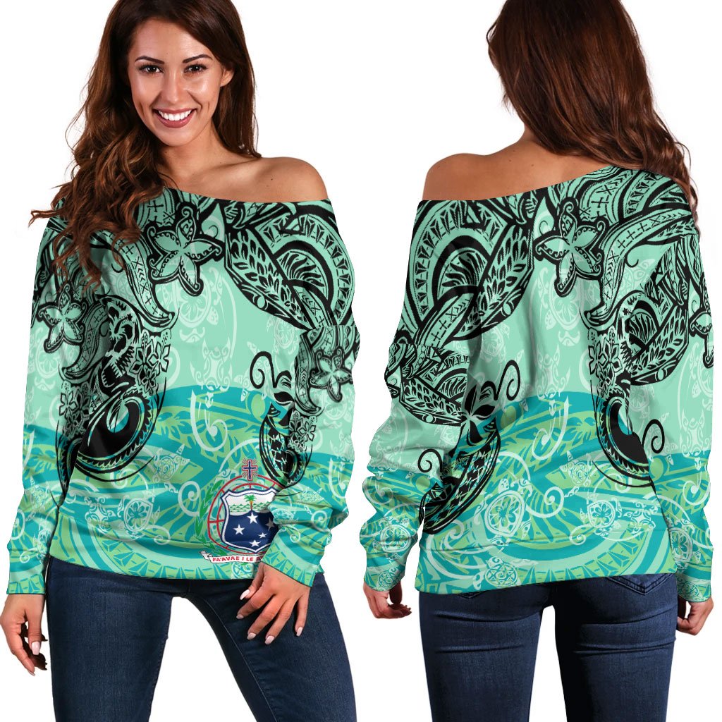 Samoa Women's Off Shoulder Sweater - Vintage Floral Pattern Green Color Green - Polynesian Pride