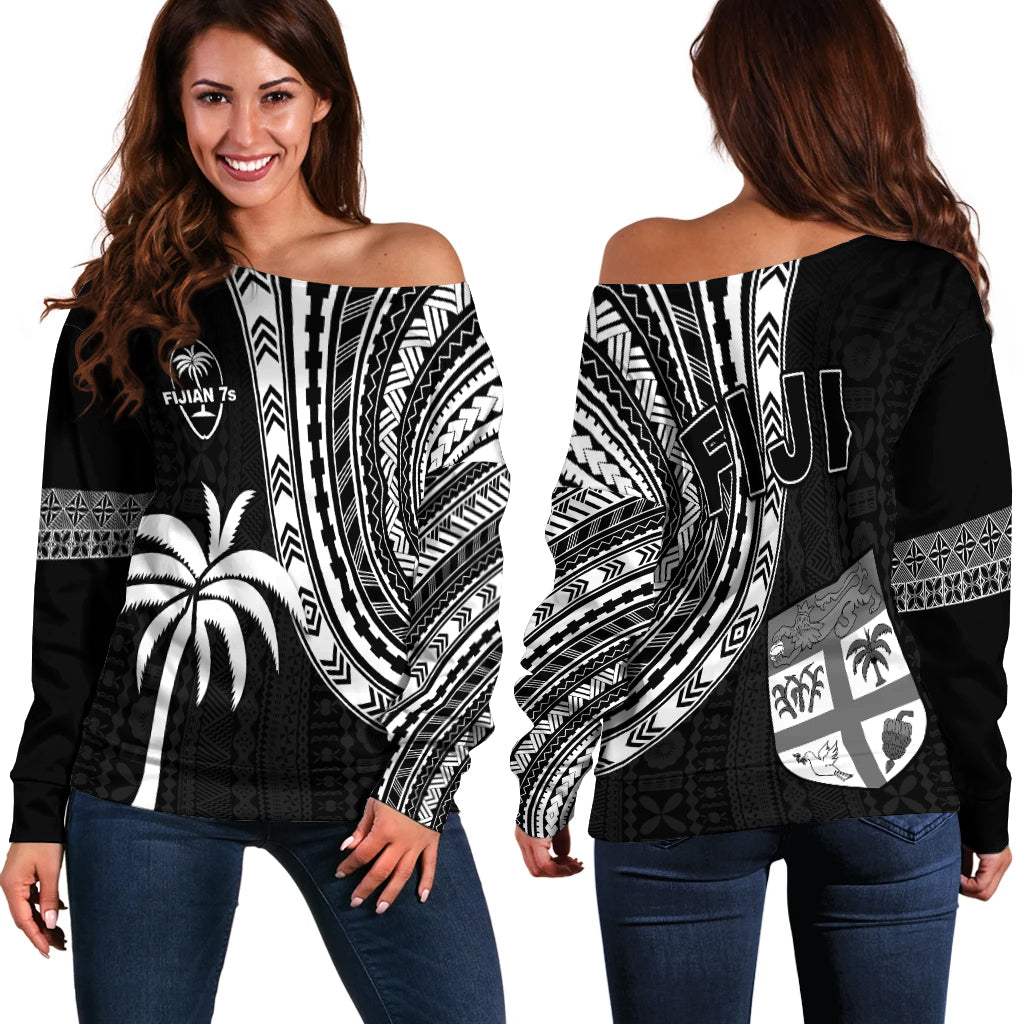 Fiji Rugby Sevens Off Shoulder Sweater Fijian 7s Tapa Polynesian LT13 Women Black - Polynesian Pride