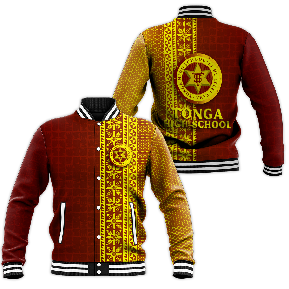 Tonga High School Baseball Jacket - Ngatu Pattern - LT12 Unisex Red - Polynesian Pride