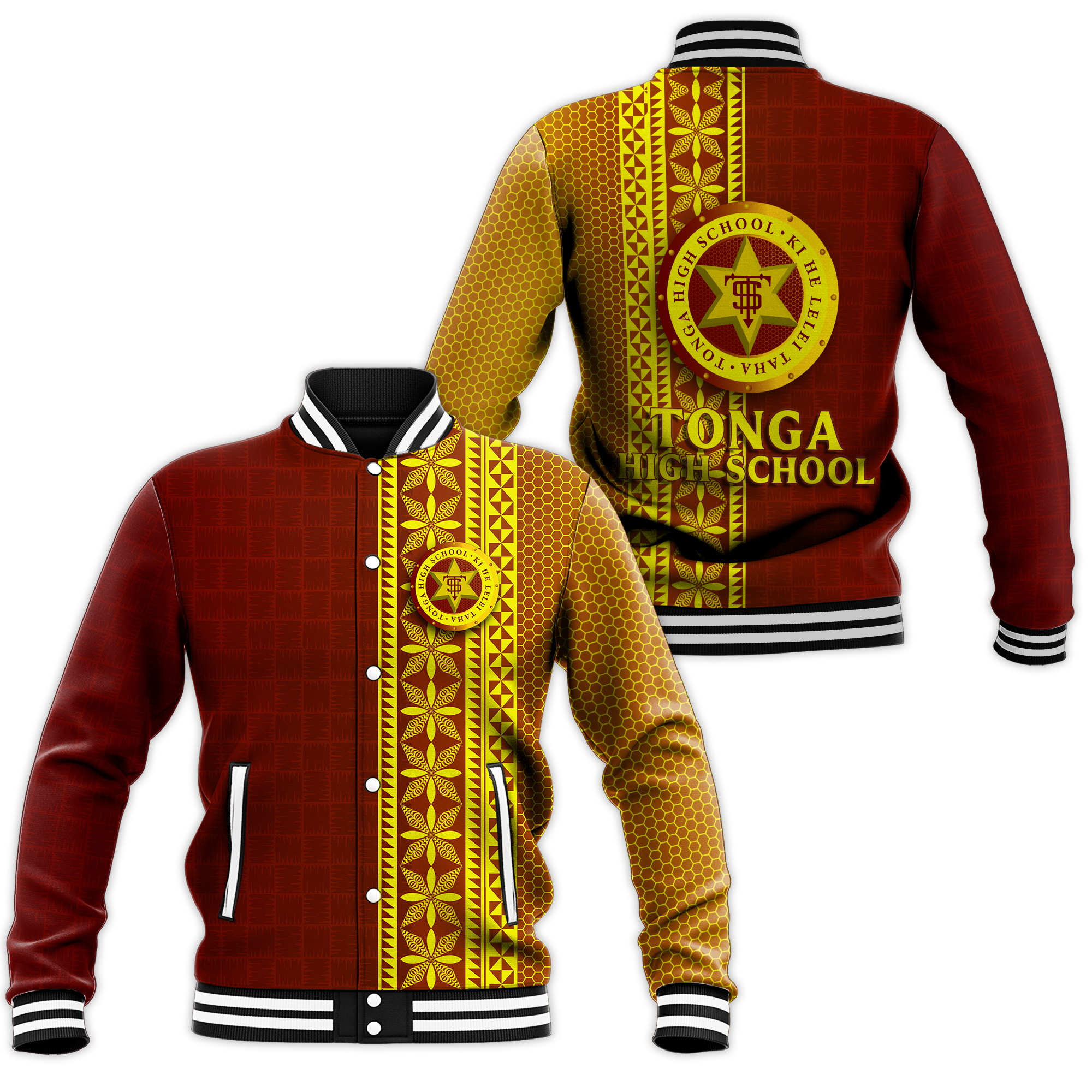 Tonga High School Baseball Jacket - Ngatu Pattern - LT12 Unisex Red - Polynesian Pride