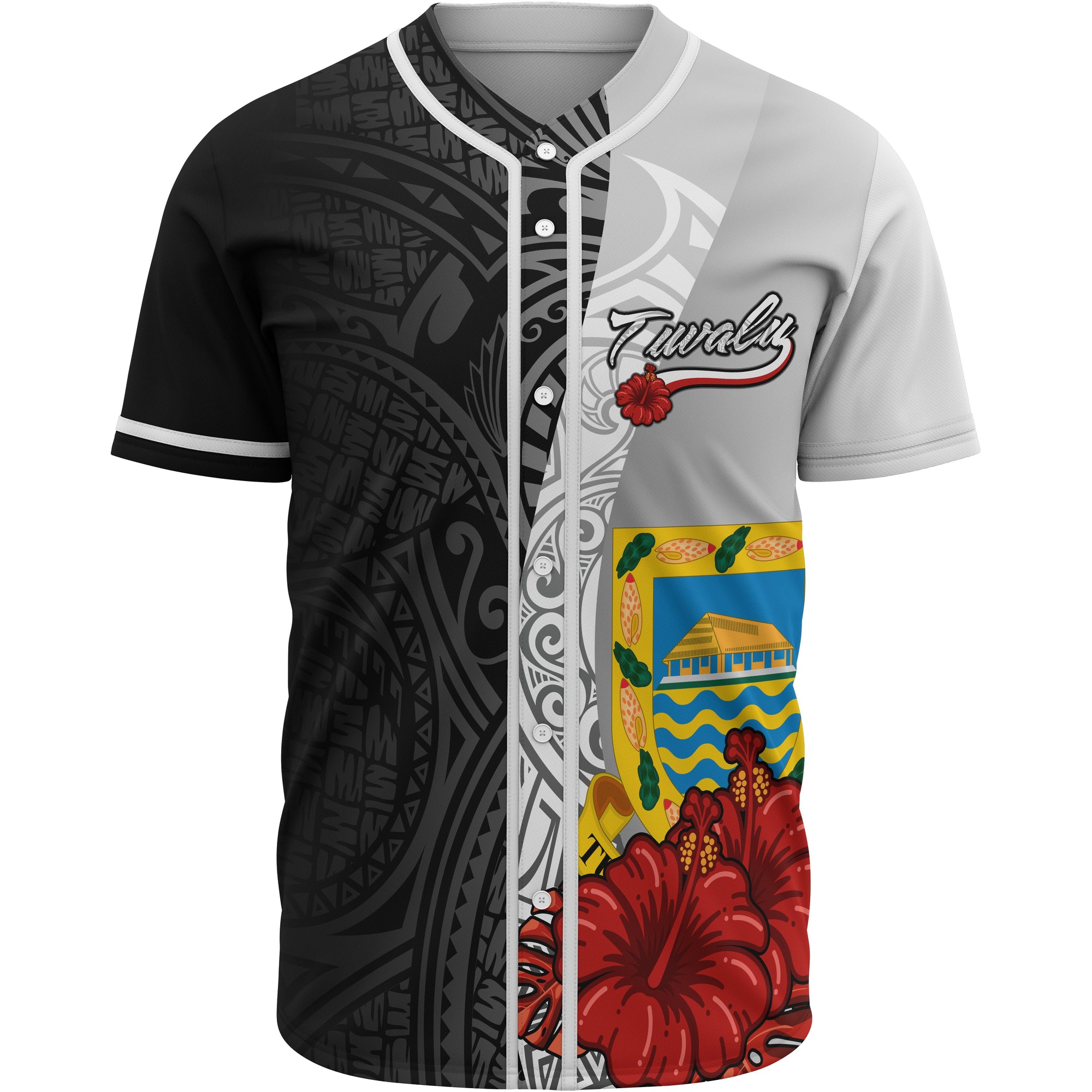 Tuvalu Polynesian Baseball Shirt - Coat Of Arm With Hibiscus White Unisex White - Polynesian Pride