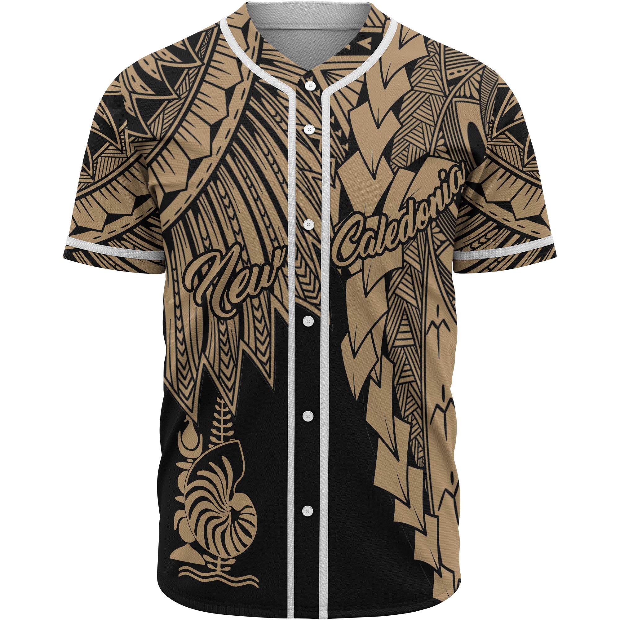 New Caledonia Polynesian Baseball Shirt - Tribal Wave Tattoo Gold Unisex Gold - Polynesian Pride