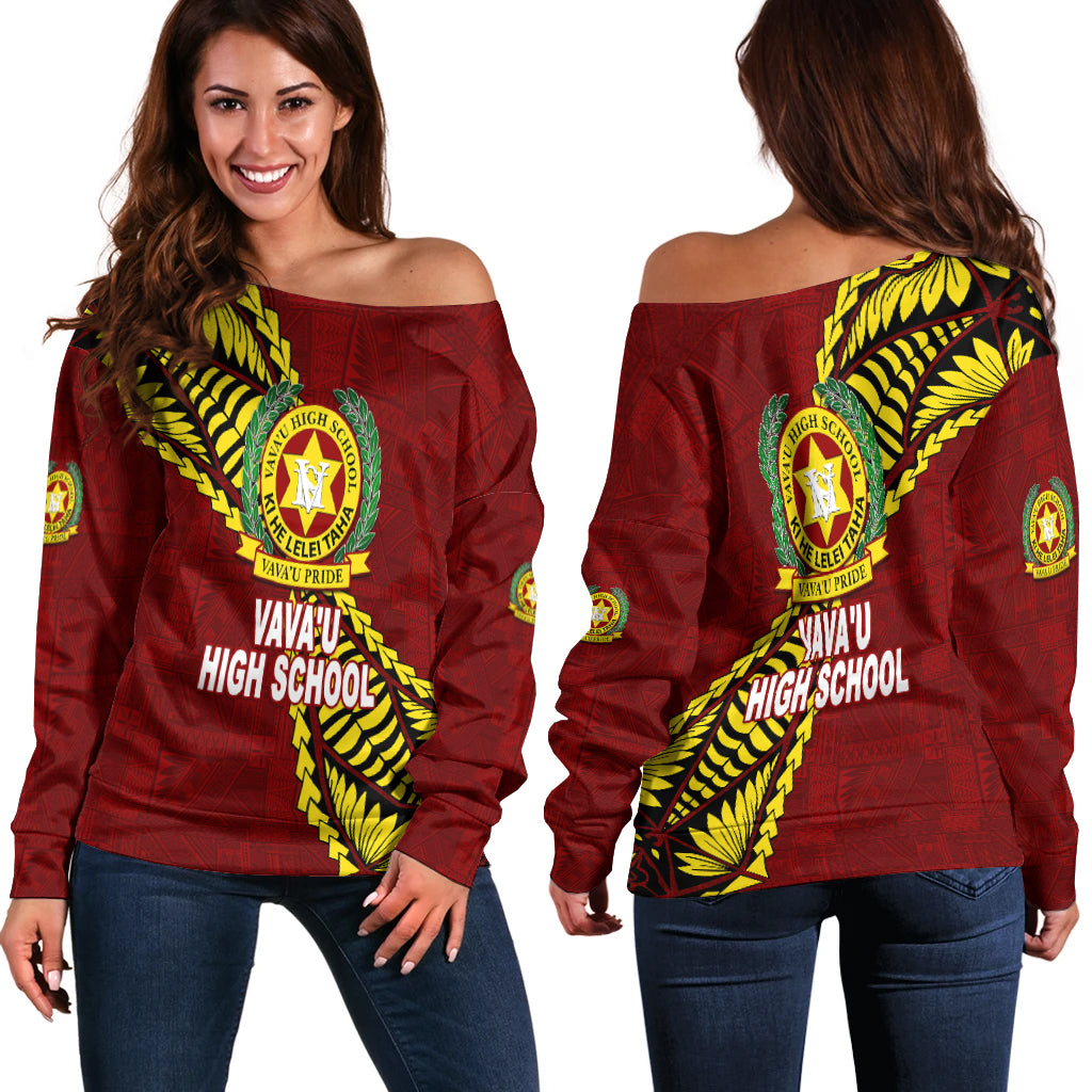 Tonga Vava'u High School Tongan Patterns Women Off Shoulder Sweater - LT12 Women Off Shoulder Sweater Red - Polynesian Pride