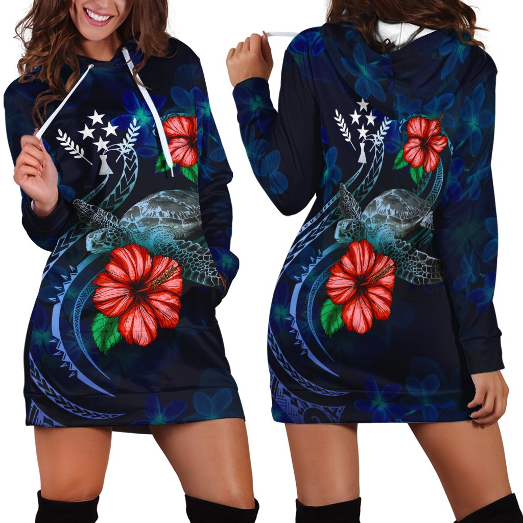 Kosrae Polynesian Hoodie Dress - Blue Turtle Hibiscus Blue - Polynesian Pride