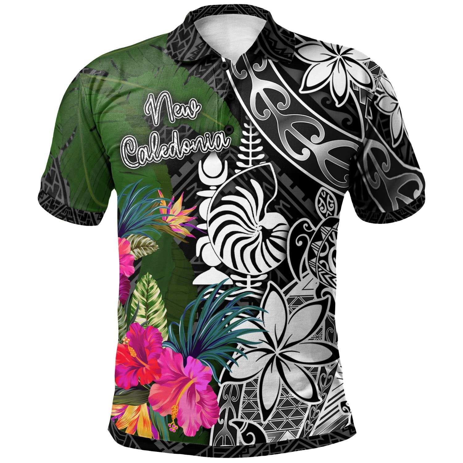 New Caledonia Polo Shirt Turtle Plumeria Banana Leaf Crest Unisex Black - Polynesian Pride