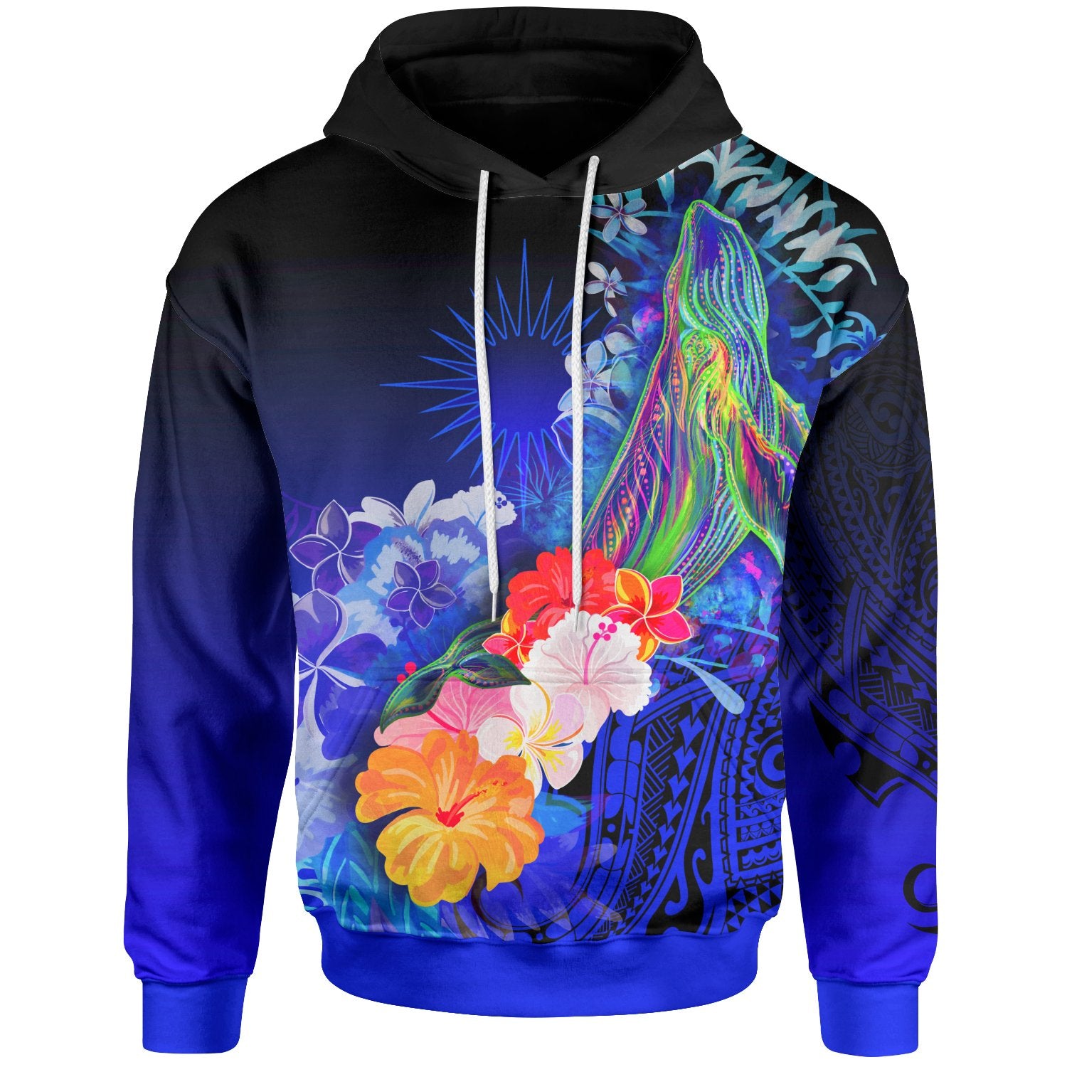 Marshall Islands Hoodie Humpback Whale with Tropical Flowers (Blue) Unisex Blue - Polynesian Pride