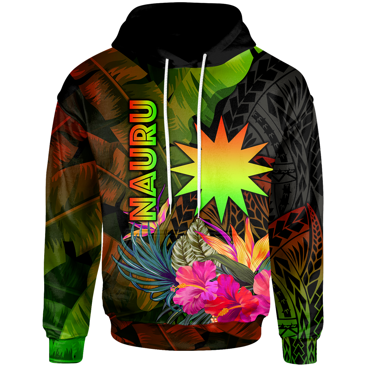 Nauru Polynesian Hoodie Hibiscus and Banana Leaves Unisex Reggae - Polynesian Pride