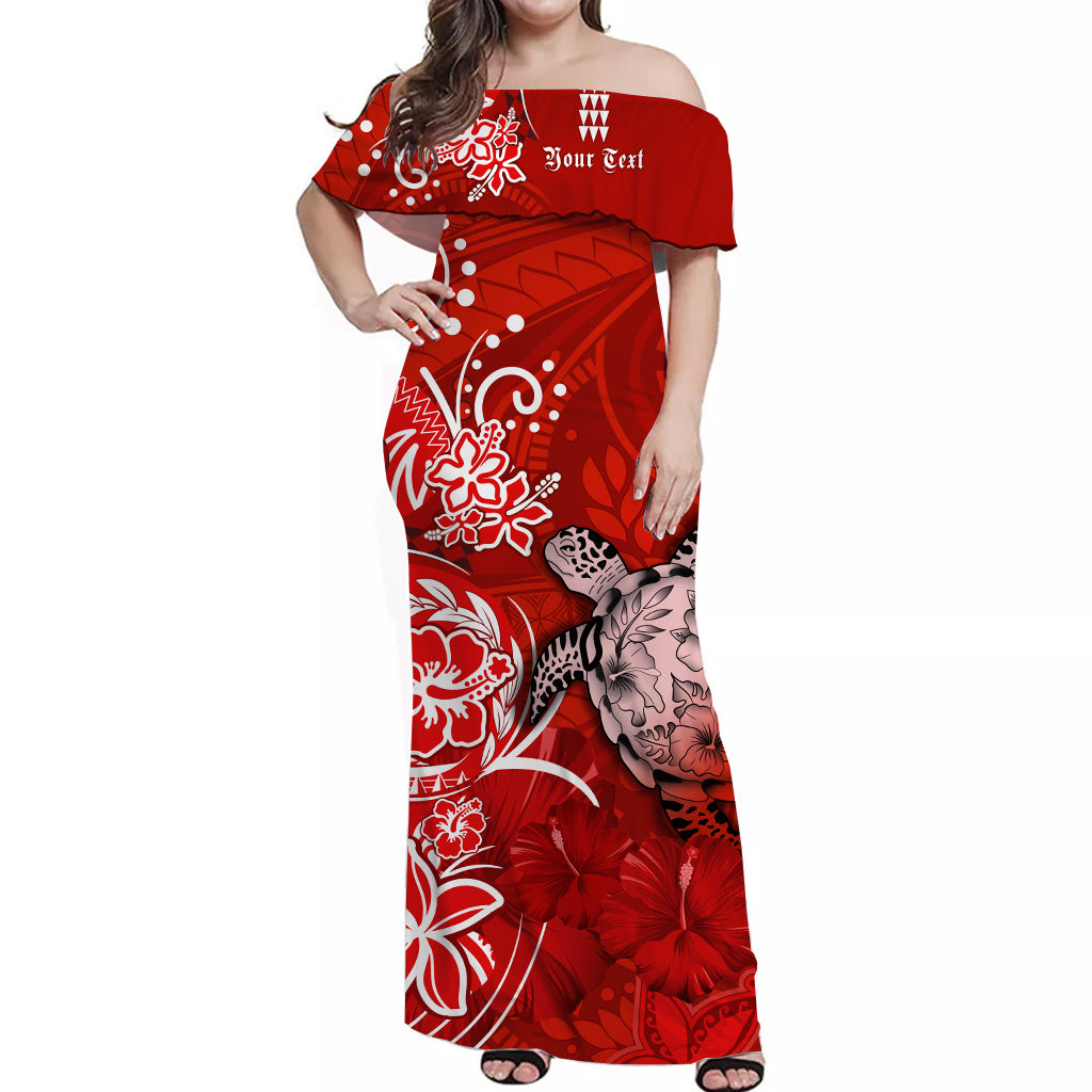 (Custom Personalised) Hawaii Off Shoulder Long Dress Polynesia Red Sea Turtle Honu and Hibiscus LT13 Women Red - Polynesian Pride