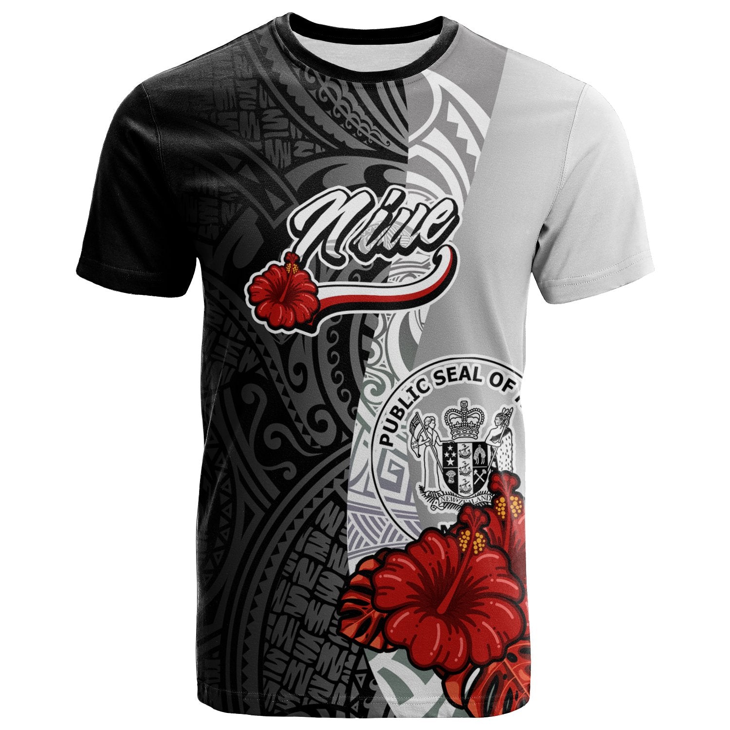 Niue Polynesian T Shirt Coat Of Arms With Hibiscus White Unisex Art - Polynesian Pride