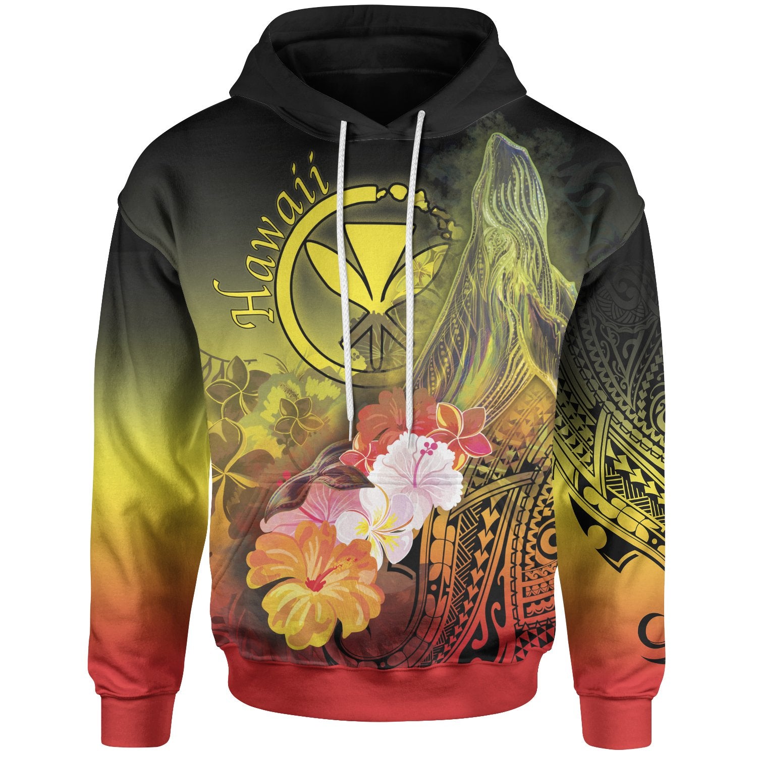 Polynesian Hawaii Hoodie Kanaka Maoli Humpback Whale with Tropical Flowers (Yellow) Unisex Yellow - Polynesian Pride