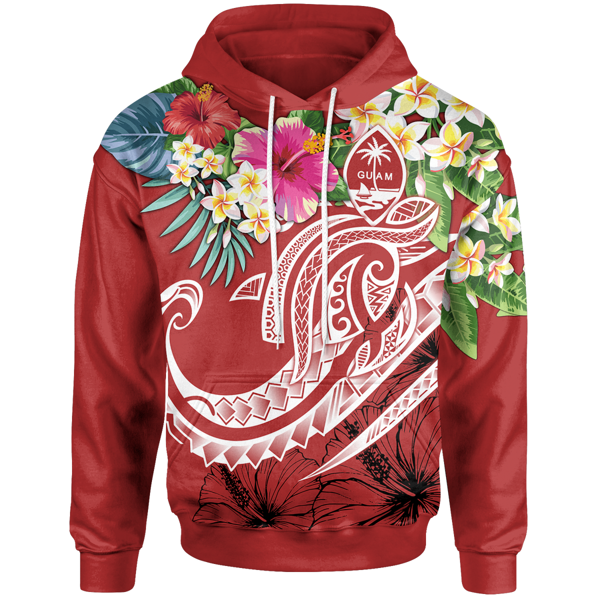 Guam Polynesian Hoodie Summer Plumeria (Black) Unisex Red - Polynesian Pride