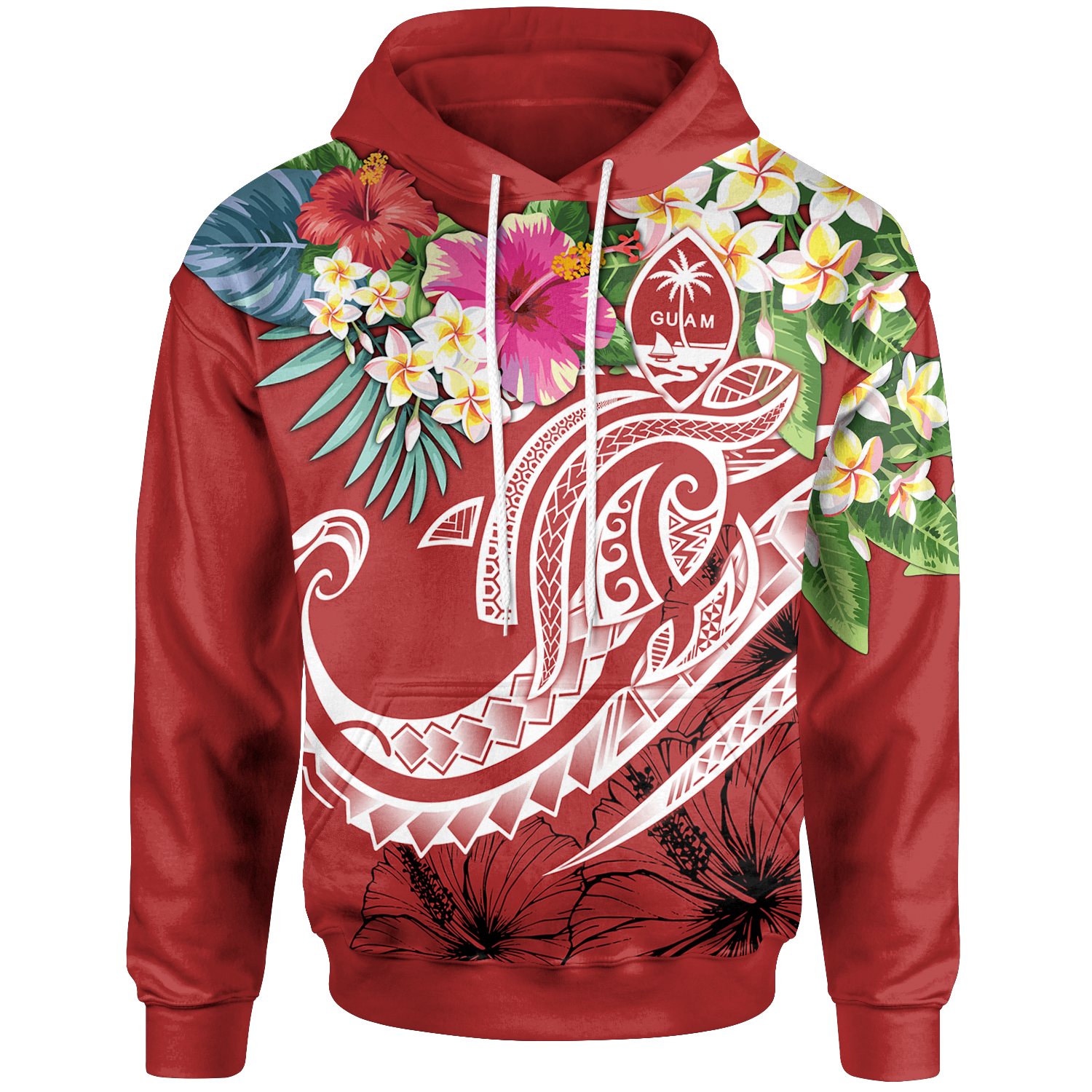 Guam Polynesian Hoodie Summer Plumeria (Black) Unisex Red - Polynesian Pride