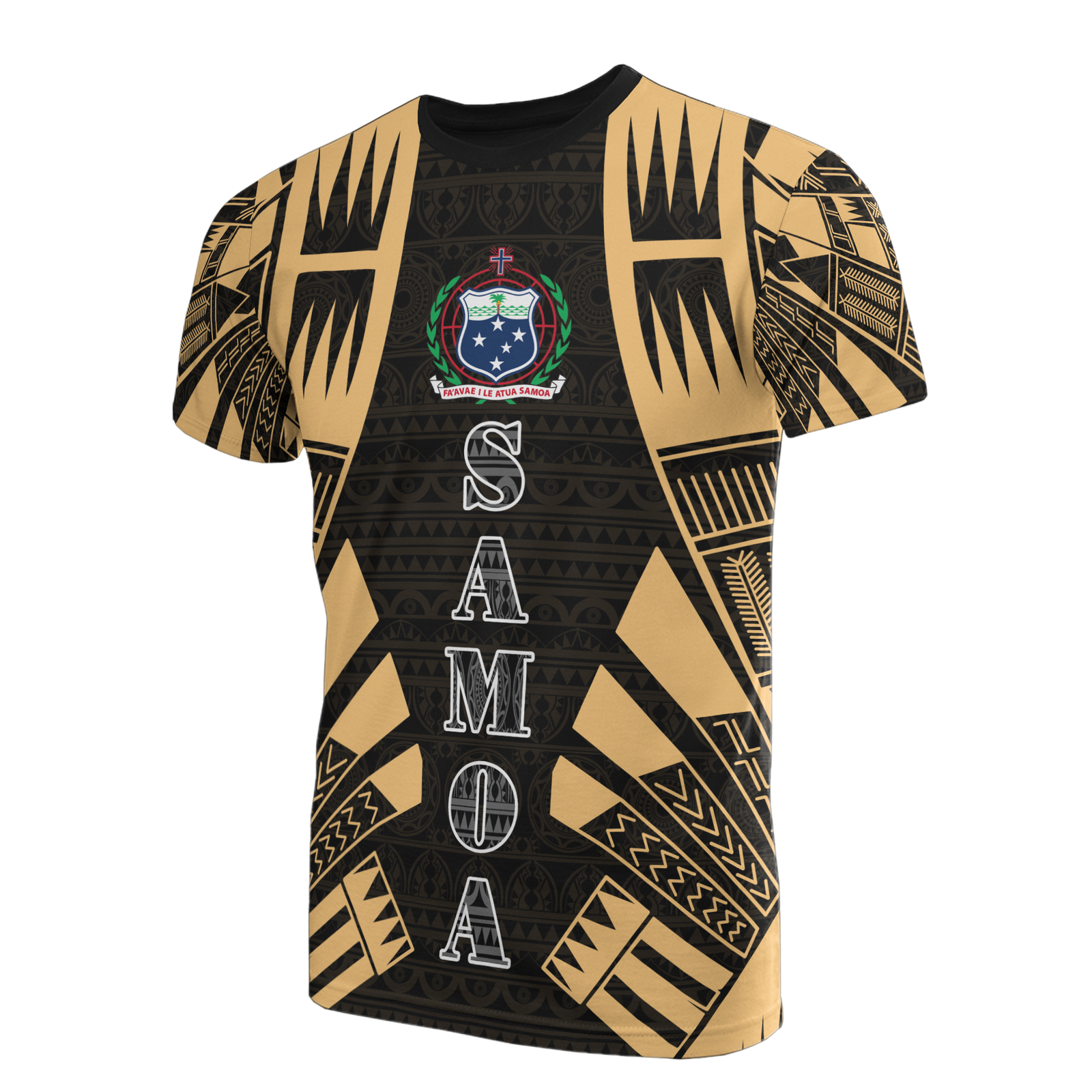 Samoa T Shirt Samoan Coat of Arms Polynesian Tattoo Gold Style Unisex Black-Gold - Polynesian Pride