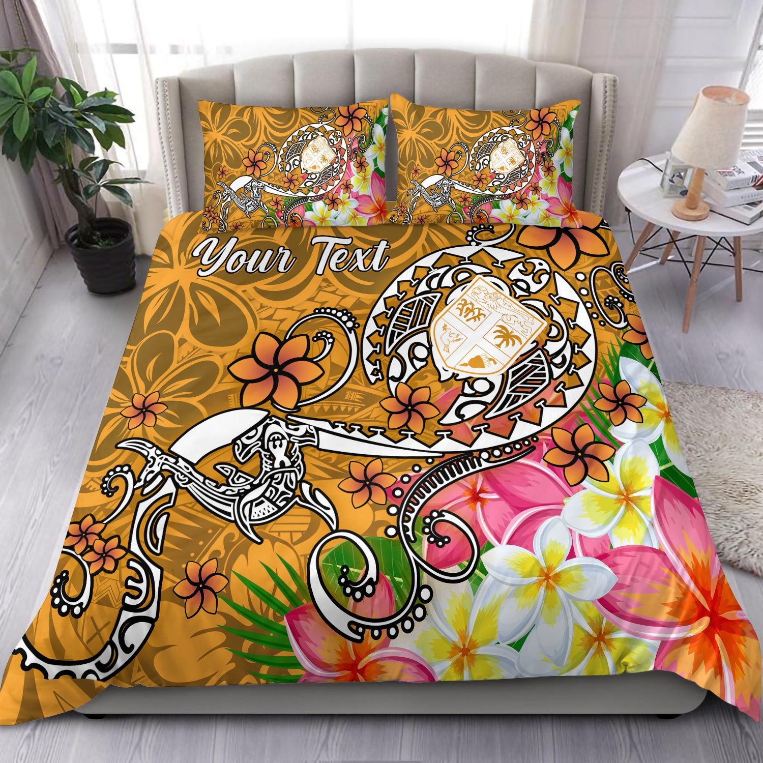 Fiji Custom Personalised Bedding Set - Turtle Plumeria (Gold) Gold - Polynesian Pride