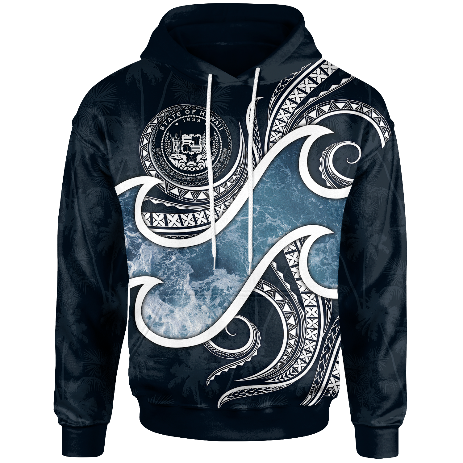 Polynesian Hawaii Hoodie Ocean Style (Coat of Arms) Unisex Black - Polynesian Pride