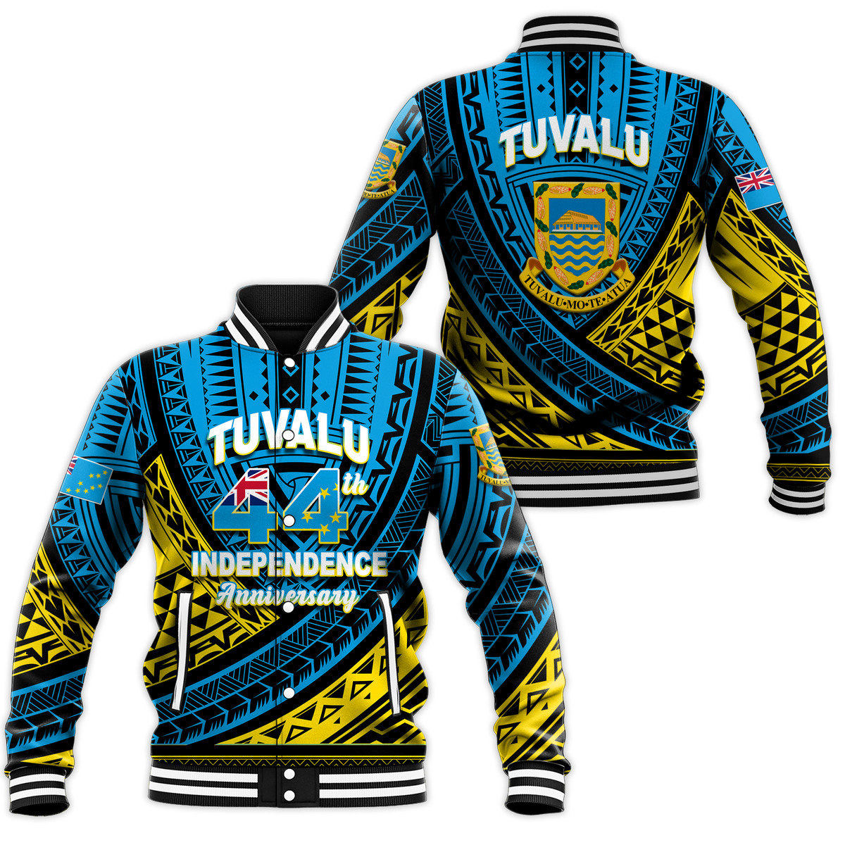 Tuvalu Baseball Jacket 44th Independence Anniversary - Tribal Pattern - LT12 Unisex Blue - Polynesian Pride