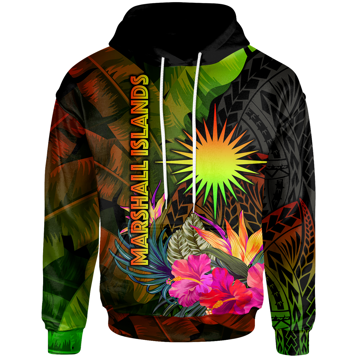 Marshall Islands Polynesian Hoodie Hibiscus and Banana Leaves Unisex Reggae - Polynesian Pride