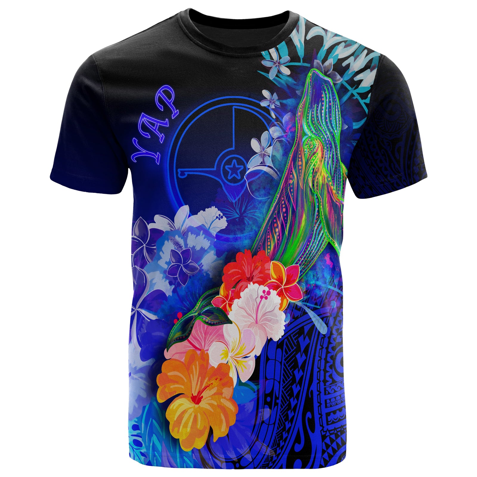 Yap T Shirt Humpback Whale with Tropical Flowers (Blue) Unisex Blue - Polynesian Pride
