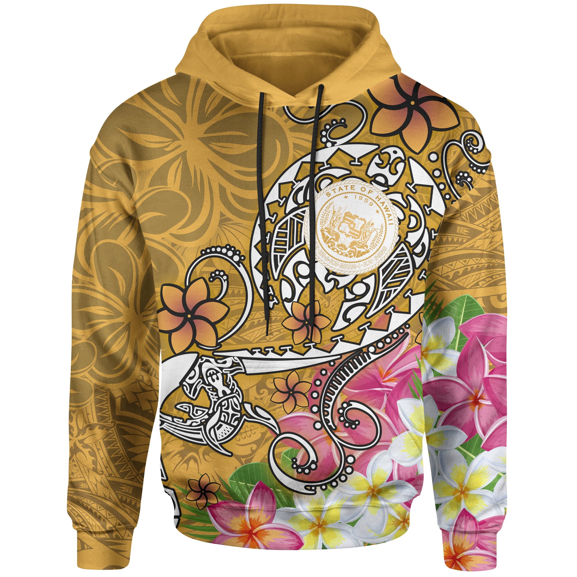 Hawaii Polynesian Hoodie Hawaii Seal With Turtle Plumeria (Gold) Unisex Gold - Polynesian Pride