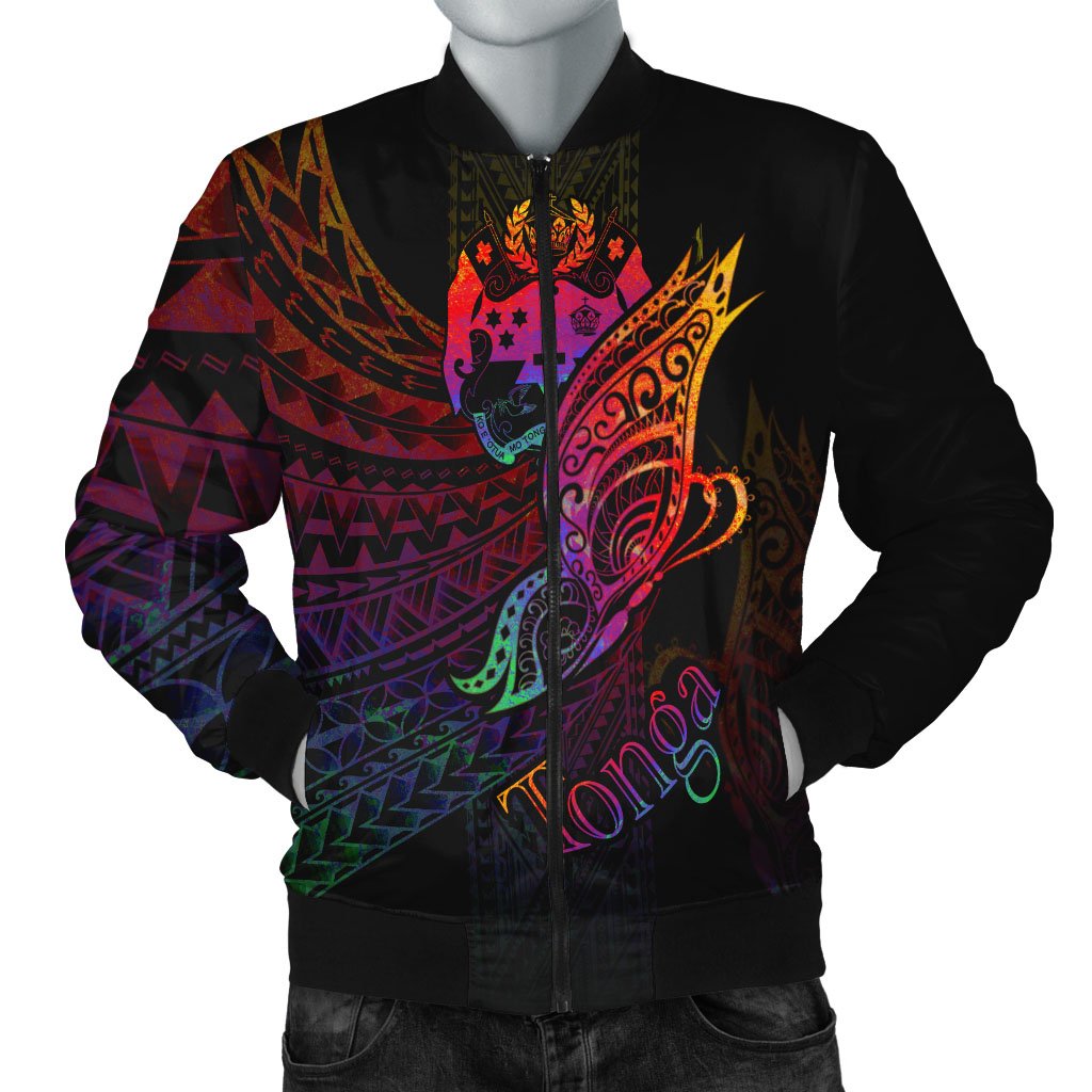 Tonga Men's Bomber Jacket - Butterfly Polynesian Style Black - Polynesian Pride