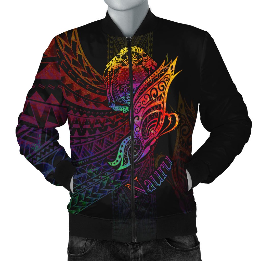 Nauru Men's Bomber Jacket - Butterfly Polynesian Style Black - Polynesian Pride