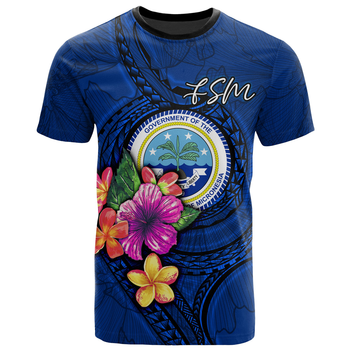 Federated States of Micronesia T Shirt Floral With Seal Blue Unisex Blue - Polynesian Pride