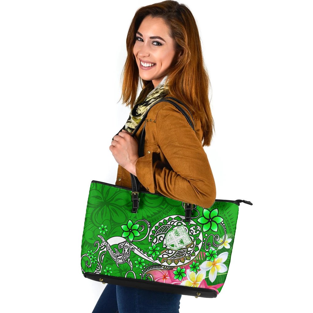 Fiji Large Leather Tote - Turtle Plumeria (Green) - Polynesian Pride